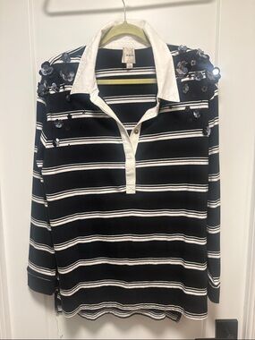 Anthropologie Black & White Striped Collared Sweatshirt with Floral Appliqué